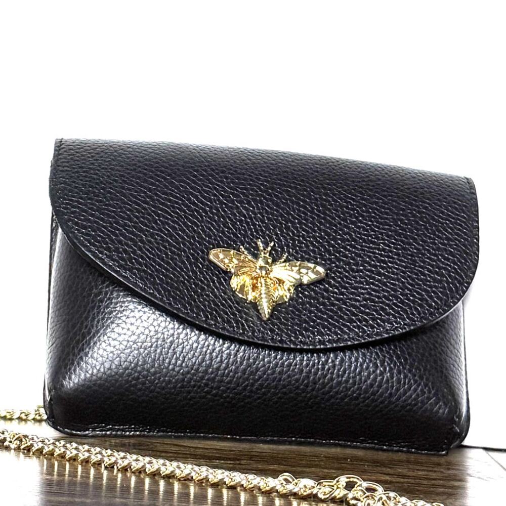 Vera Pelle Black Leather Crossbody Bag Gold Bee Charm